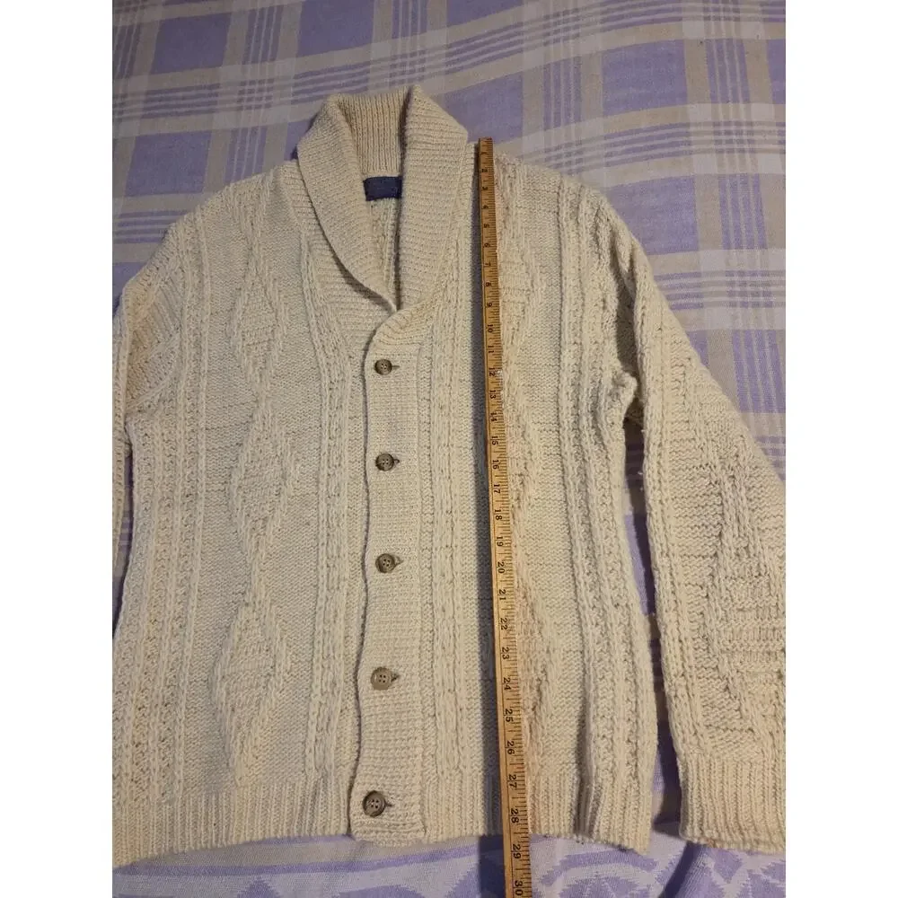 Vintage Pendleton Mens Cream Wool Cable Knit Shawl Collar Cardigan Sweater L USA